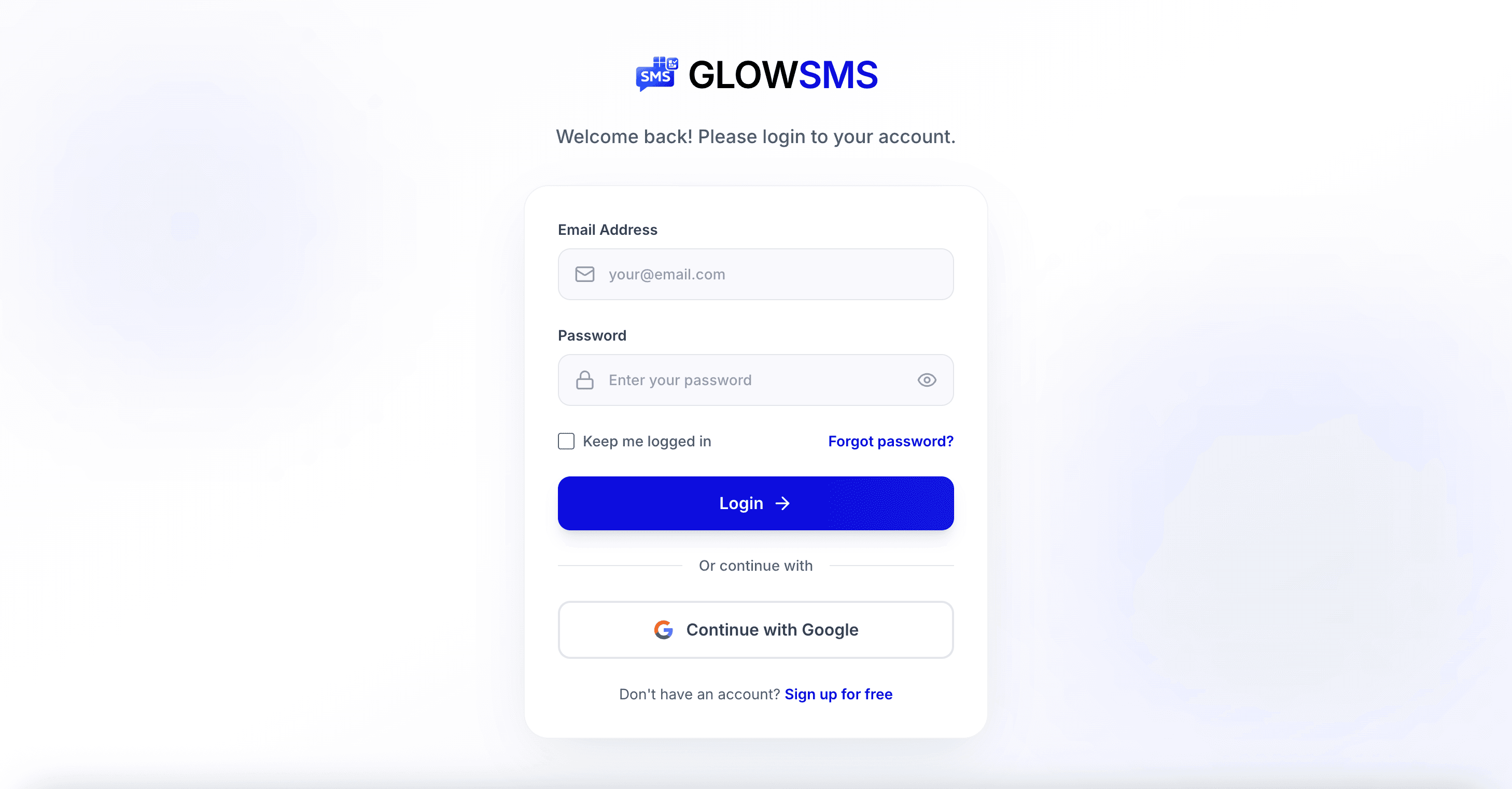 GLOWSMS login screen